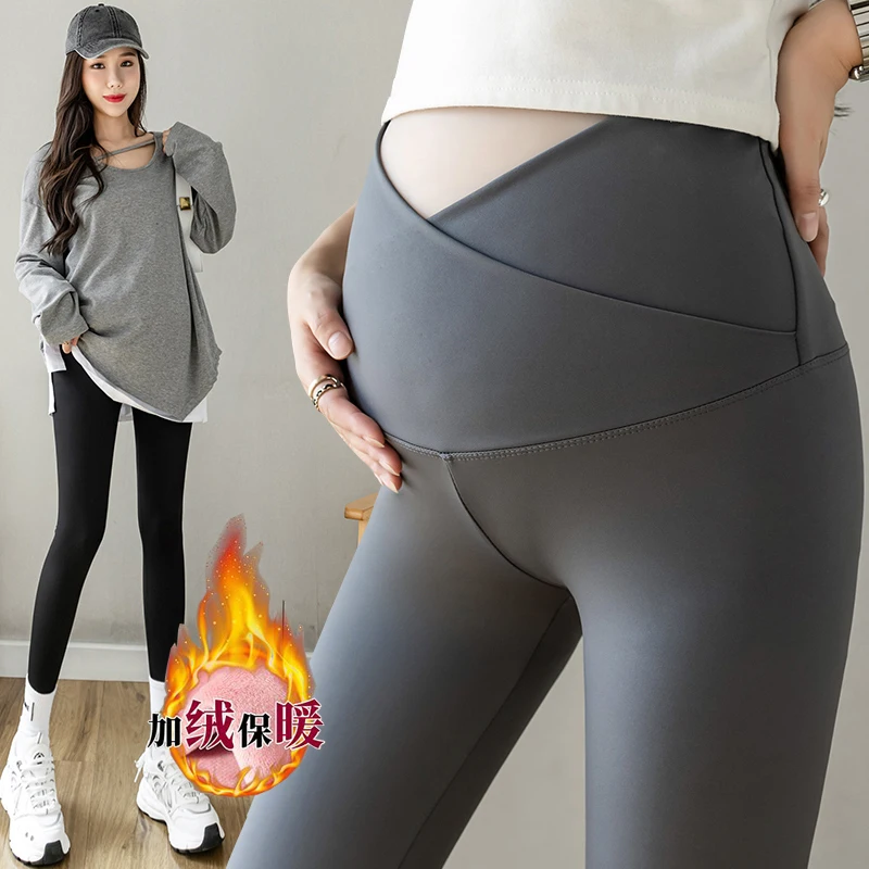 

Winter Maternity Clothes Low Waist Pregnant Women's Leggings Skinny Trousers with Pink Velour Inside Thick Warm Fleece Pants