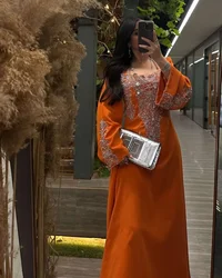 Saudi Arabia Evening Dresses Orange Square  customized Beaded Sequined Floor-length Formal Occasion Prom Dress Party Gowns