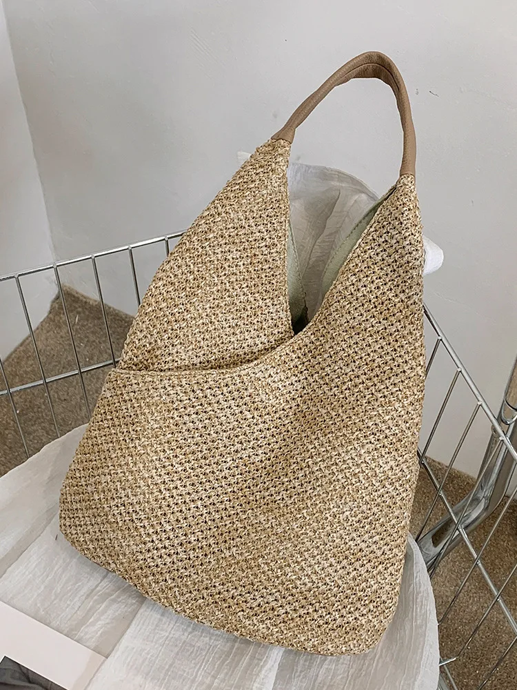 Summer Grass Woven Underarm Bag For Women New Trendy Large Capacity Commuting Tote Bag Texture One Shoulder Beach Bucket Bag