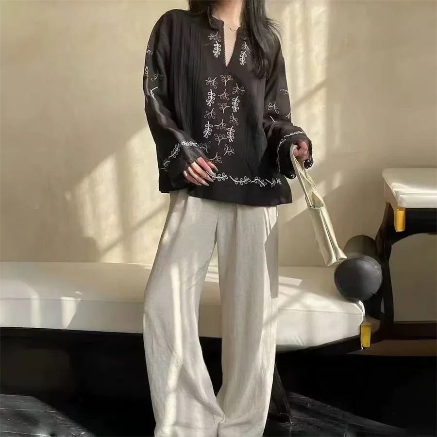 

Autumn Winter Cotton Linen Embroidered Lace Trim V Neck Long Sleeve Shirt Women's Loose Fit Top Hollow out Design Ladies Blouse