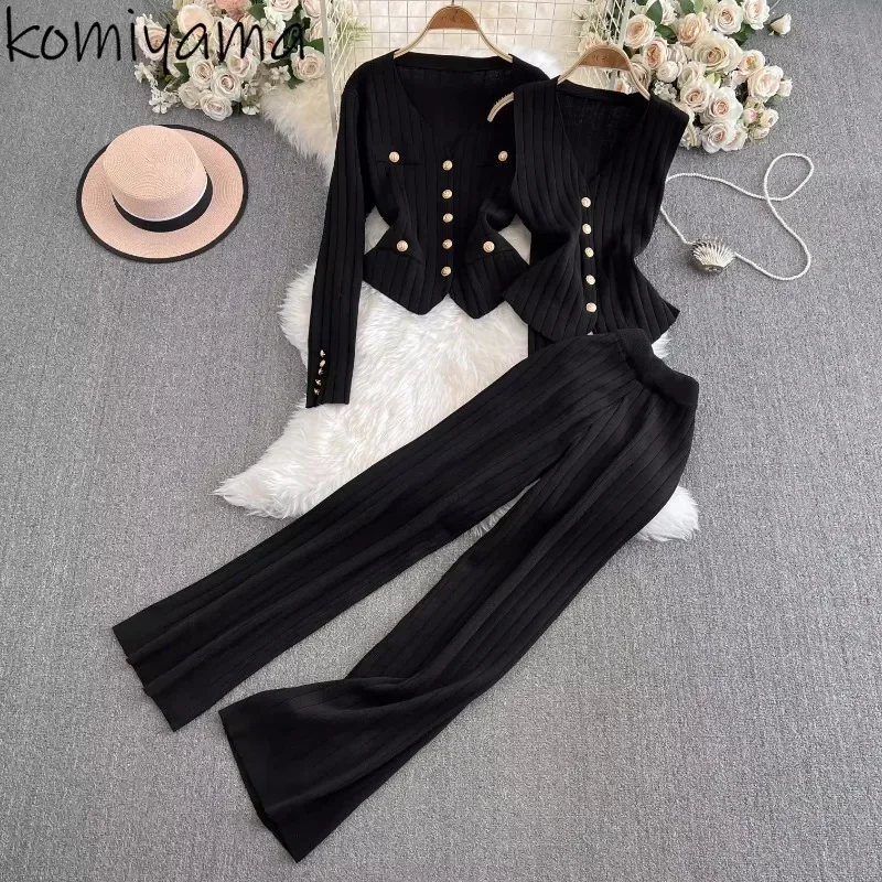 

Fashion Knitted 3 Piece Sets Long Sleeve Cardigan +v-neck Vest + Straight Wide Leg Pants 2025 Spring Autumn New Suit Women