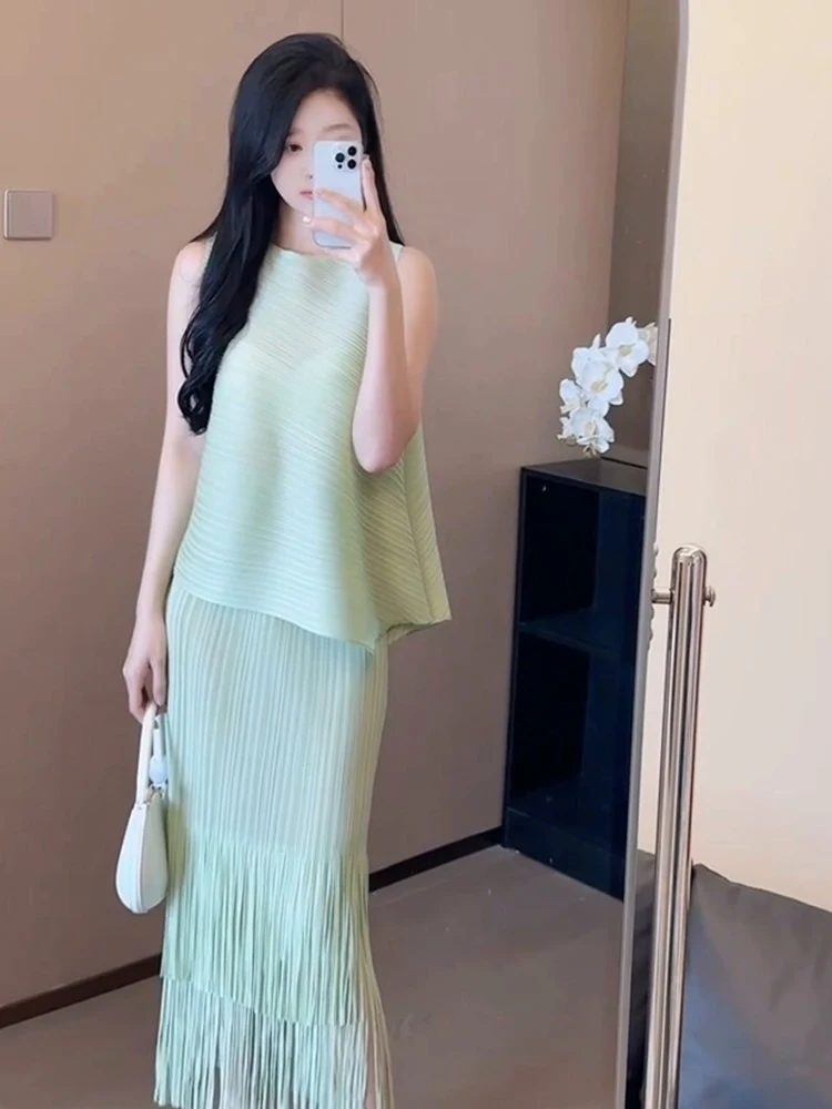 

Летний комплект Simple Ele: женский топ и плиссированная юбка с высокой талией, модный дизайн с цветовыми блоками