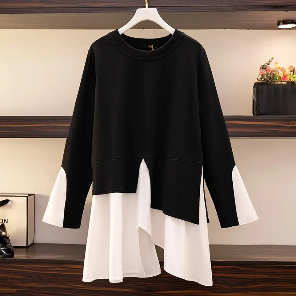 

Женская футболка больших размеров, 300 кг, тонкая осенняя новинка с контрастной строчкой и длинными рукавами для полных девушек, нерегулярный дизайн