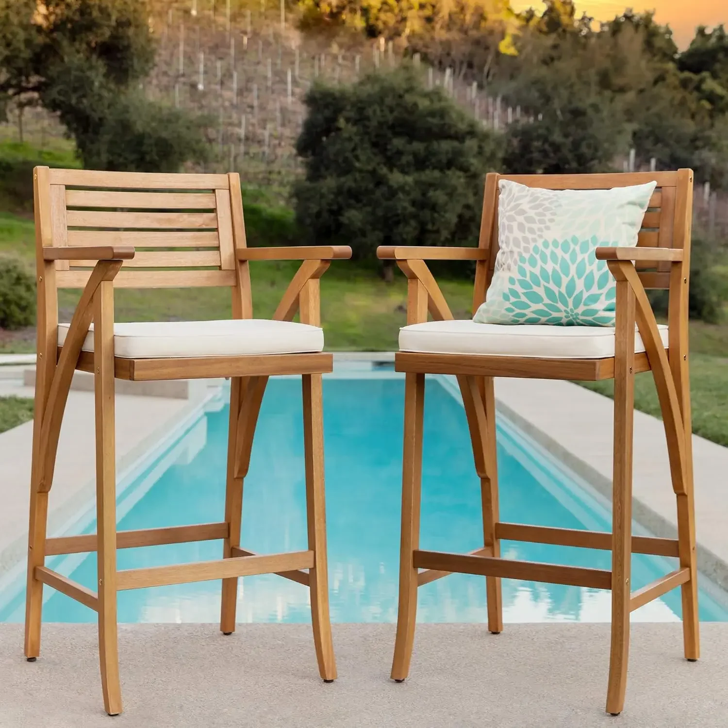 Set of 2 Outdoor Acacia Wood Bar Stools Bar Chairs for Patio, Pool, Garden w/Weather-Resistant Cushions