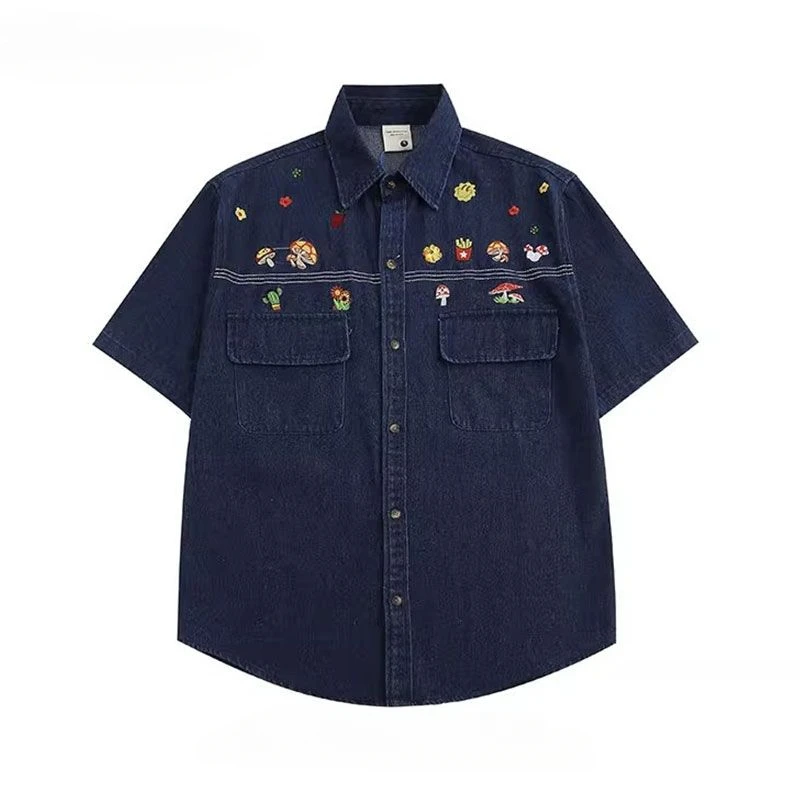 Men Women American Retro Washed Distressed Denim Short-sleeved Shirts Trendy Street Cartoon Embroidery Casual Versatile Blouse