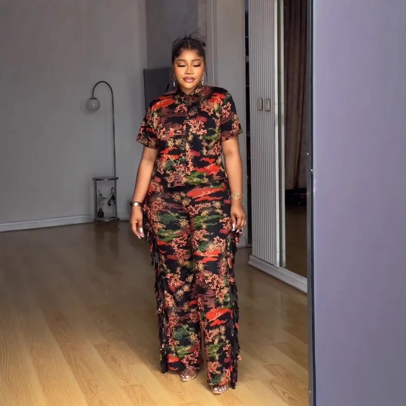 

KEXU Floral Print Women's Set Short Sleeve Shirt + Wide Leg Tassel Pants 2025 Summer Street African Two 2 Piece Sets Outfits