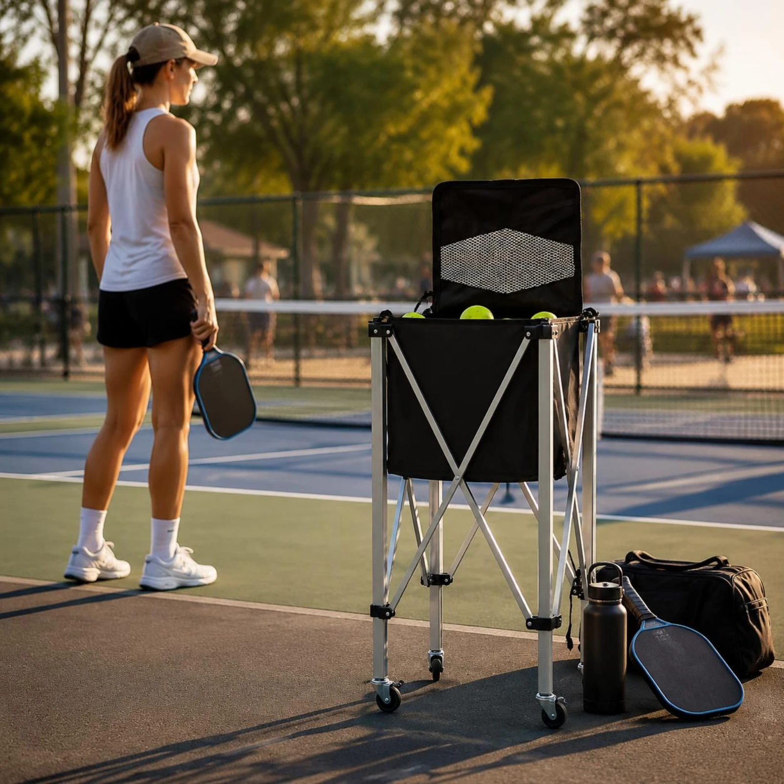 

Mesh Lid Ball Wagon Aluminum Alloy Foldable Ball Wagon Rolling Storage Basket Caster Wheels