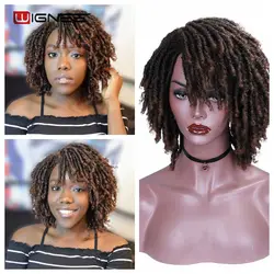 Wignee krótki miękki brązowy peruki syntetyczne dla kobiet Faux locs Afro perwersyjne kręcone włosy plecione z Bangs szydełka Twist włosów peruki