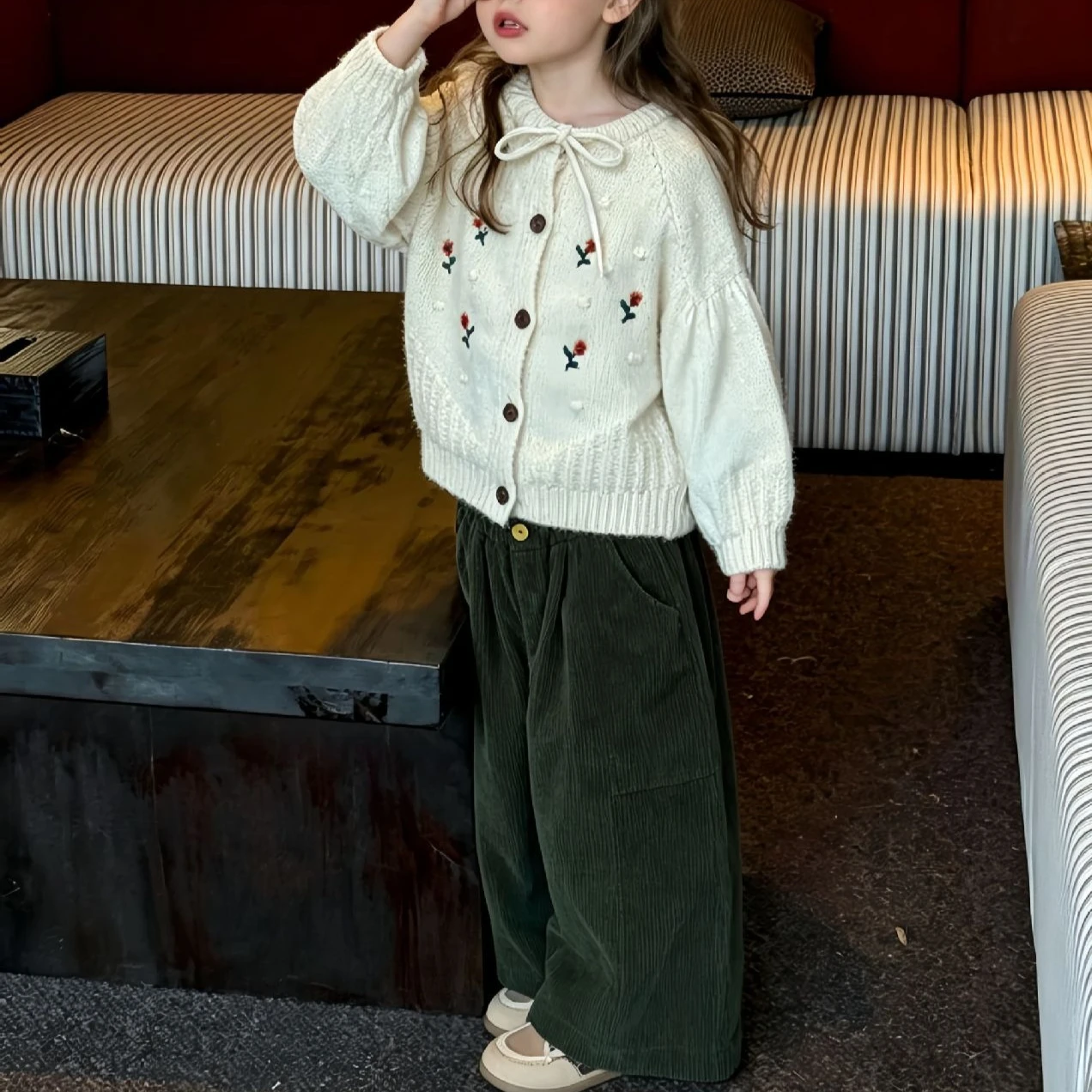 Girls Suit 2026 Autumn and Winter New Childrens Clothing Korean Style Girl Baby Tie Knit Cardigan Corkscrew Pants Two-piece Set