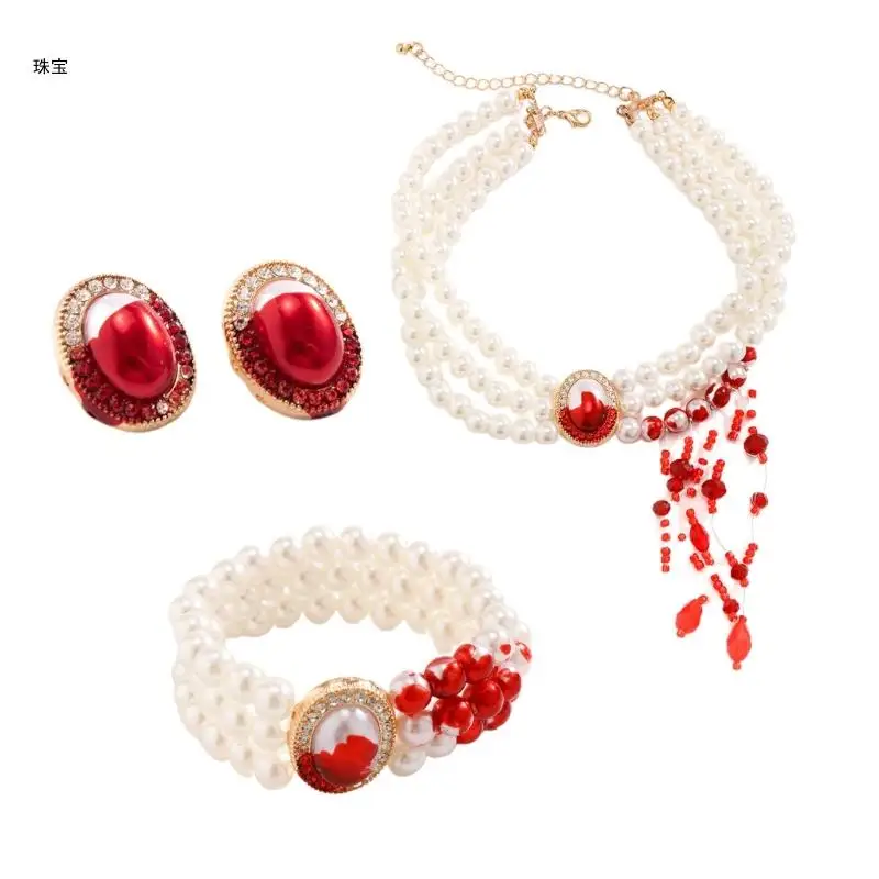 X5QE Multilayer Blood Pearl Choker Halloween Blood Pattern Necklace Bracelets Earring Gothic Statement Dripping Blood Earring