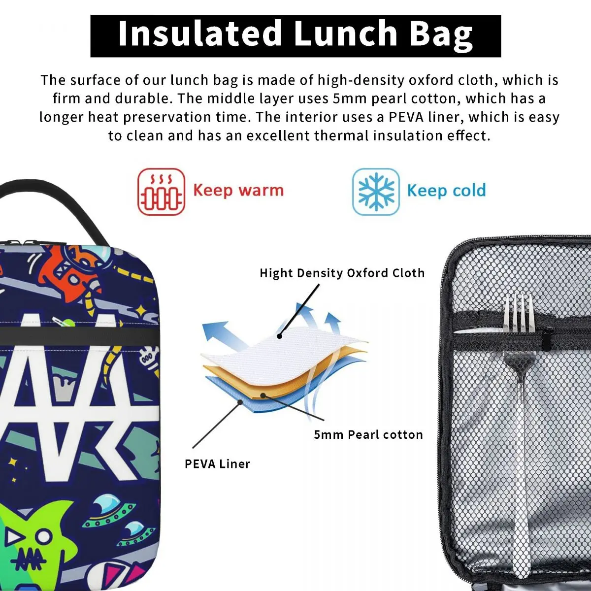 Team RAR Space Monsters Insulated Lunch Bag for Women Kids Portable Food Boxes Thermal Lunch Box Tote