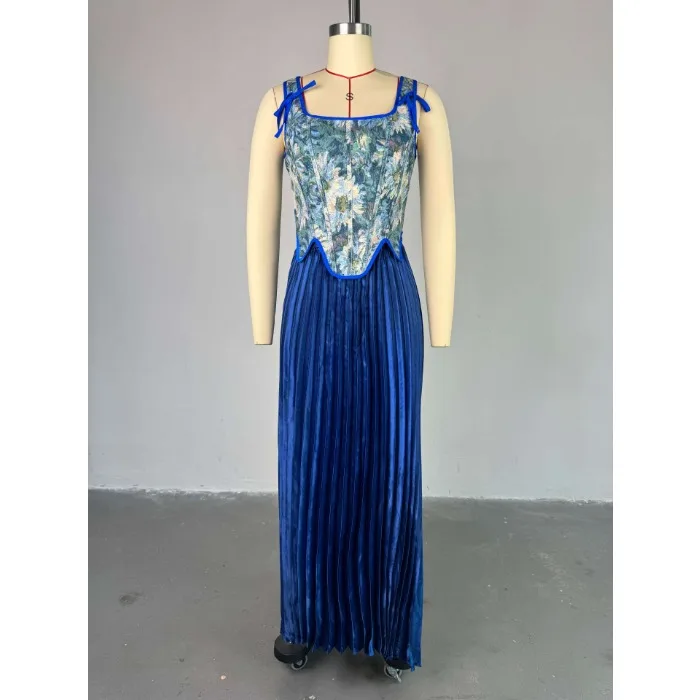 Women's Two 2 Piece Set Floral Print Waist-cinching Sleeveless Vest +Pleated Long Skirts Suit Summer 2025 Party Evening Outfit