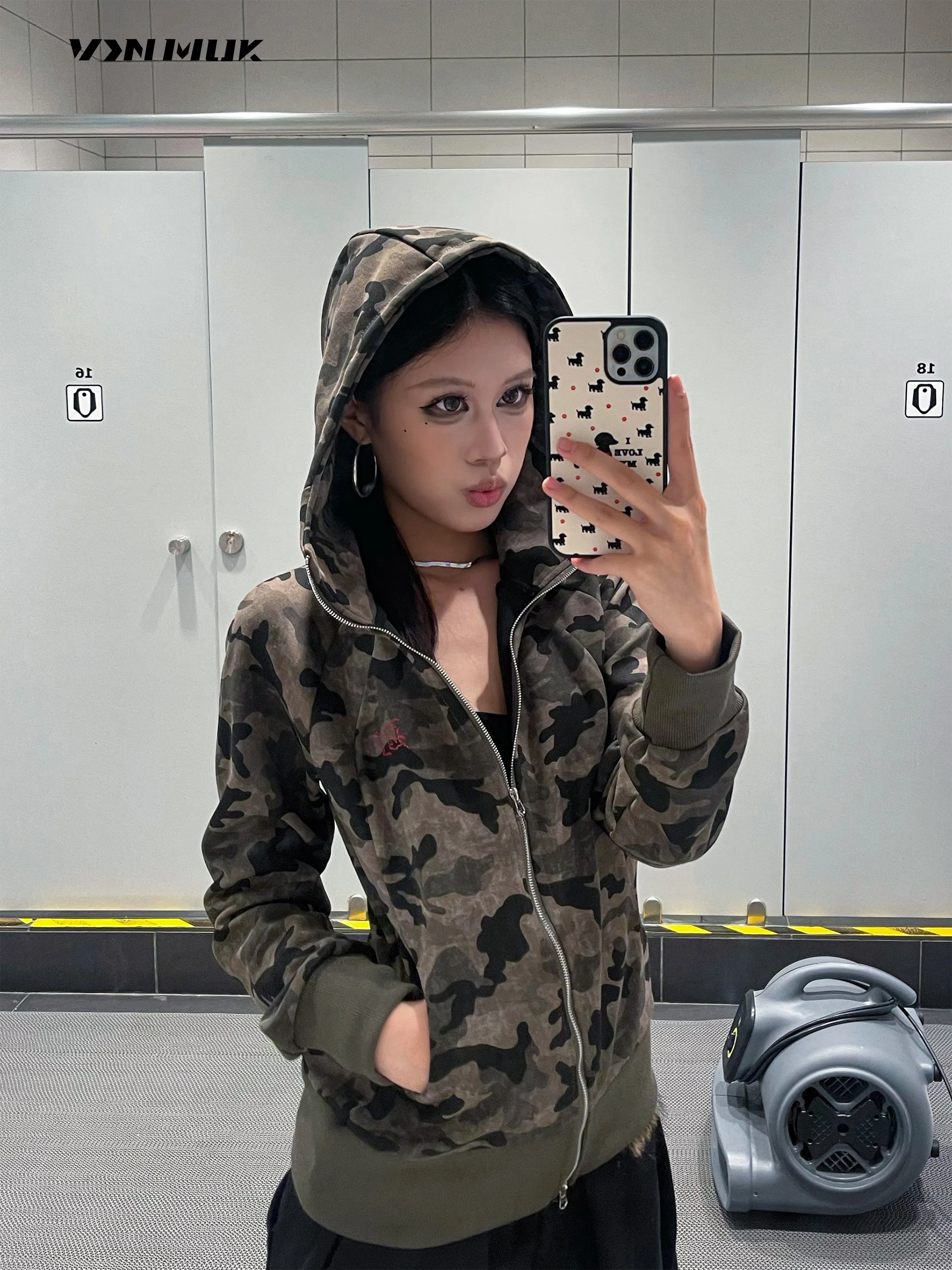 

Vinmuk American Gothic Sle Vintage Camouflage Hoodie Jaet Women's Trendy Spring High-End Feeling Hat irt ort Coat