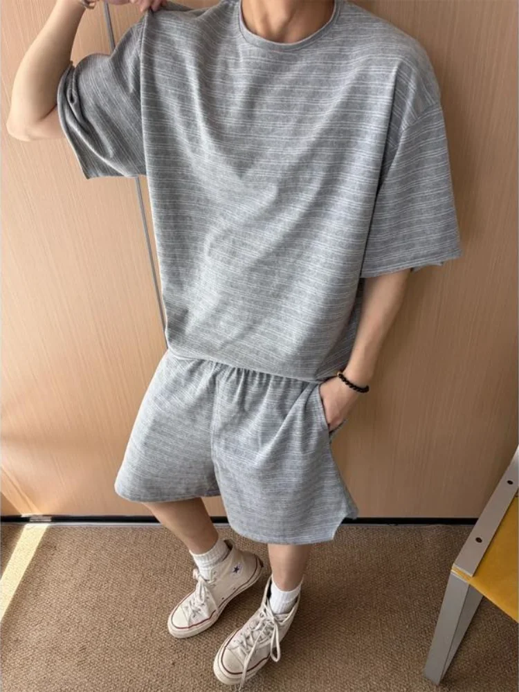 Men's Light Grey Striped 2 Piece Set Summer Casual Loose Fit Tee and Shorts Suit Matching Outfits Advanced Sense Loungewear view 2
