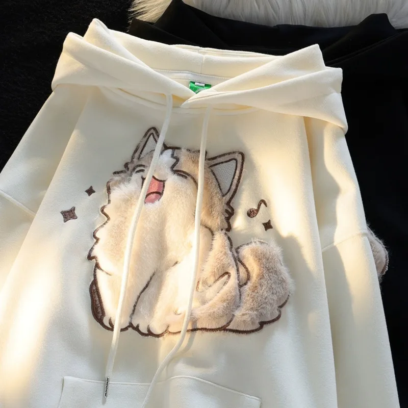 Urocze bluzy z kapturem z kotami Kawaii damskie 2025 nowa jesień zima grube damskie pulowery polar wewnątrz bluza z kapturem dziewczęca Y2k streetwear