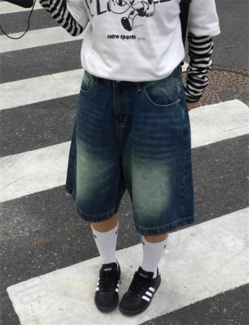 Summer High Waist Wide Leg Short Jeans Women 2026 Vintage Distressed Loose Knee Length Denim Pants Y2K Hip Hop Boyfriend Pants