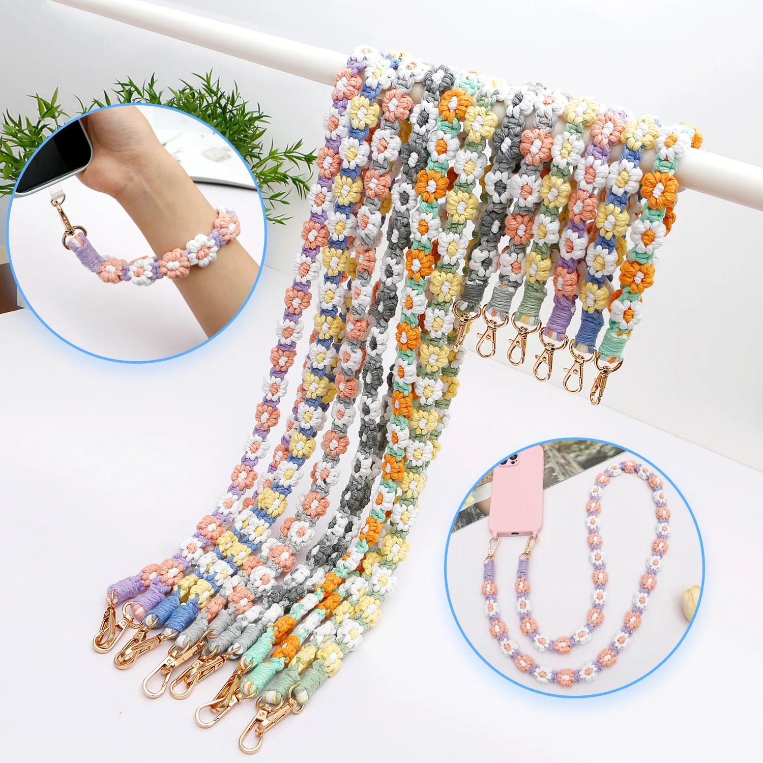 Hand-woven Flower Adjustable Phone Lanyard Strap Mobile Phone Hanging Rope Anti-lost Lanyards Bohemian Cell Phone Accessories