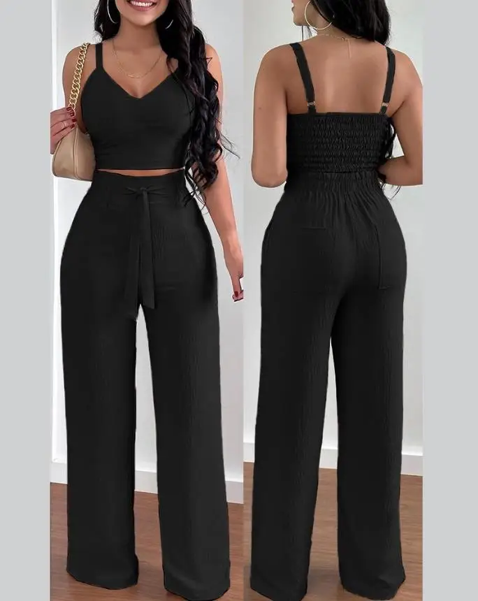 

Two Piece Set Women Outfit 2024 Summer Shirred V-Neck Sleeveless Crop Top & Casual Pocket Design Daily Wide Leg Pants Set