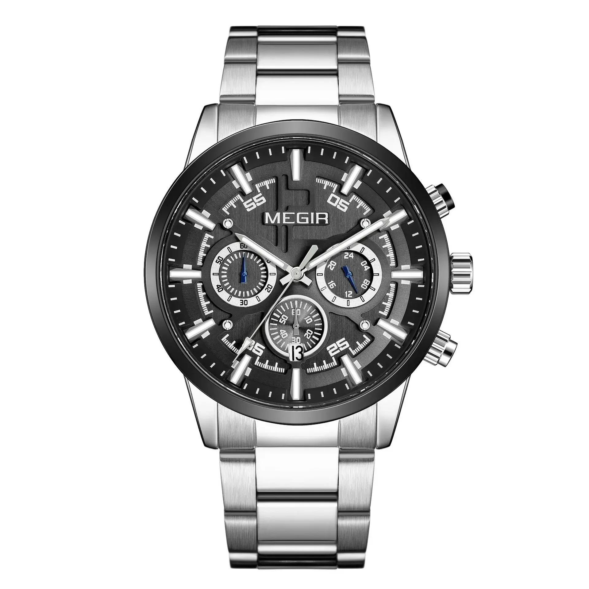 MEGIR 2220 Men's Quartz Watch Fashion and Elegant Business Chronograph Calendar Waterproof Stainless Steel Strap Watches for Man