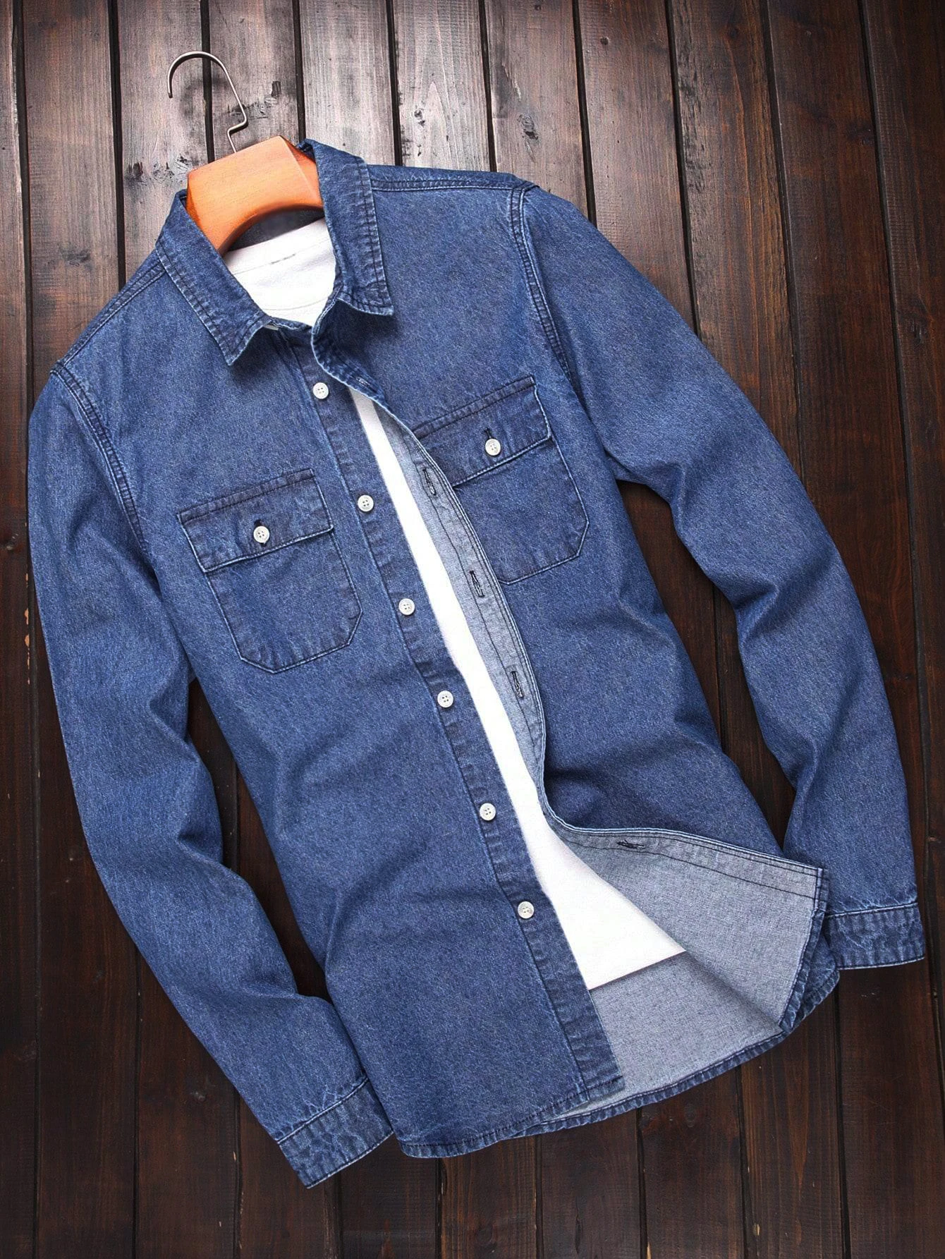 Men's Light Wash Blue Denim Shirt, Long Sleeve Button-Down Lapel Top, Casual Thin Streetwear Shirt with Dual Chest Pockets