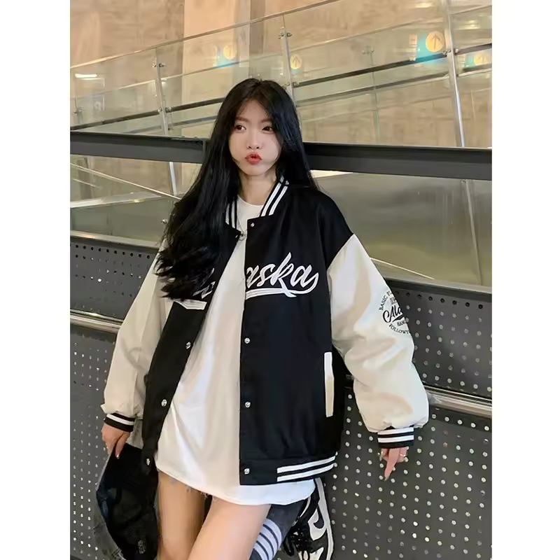 American Retro Baseball Jacket Loose Long Sleeve Women's High Street Style Fashion Outerwear Autumn New Arrival Polyester Fiber