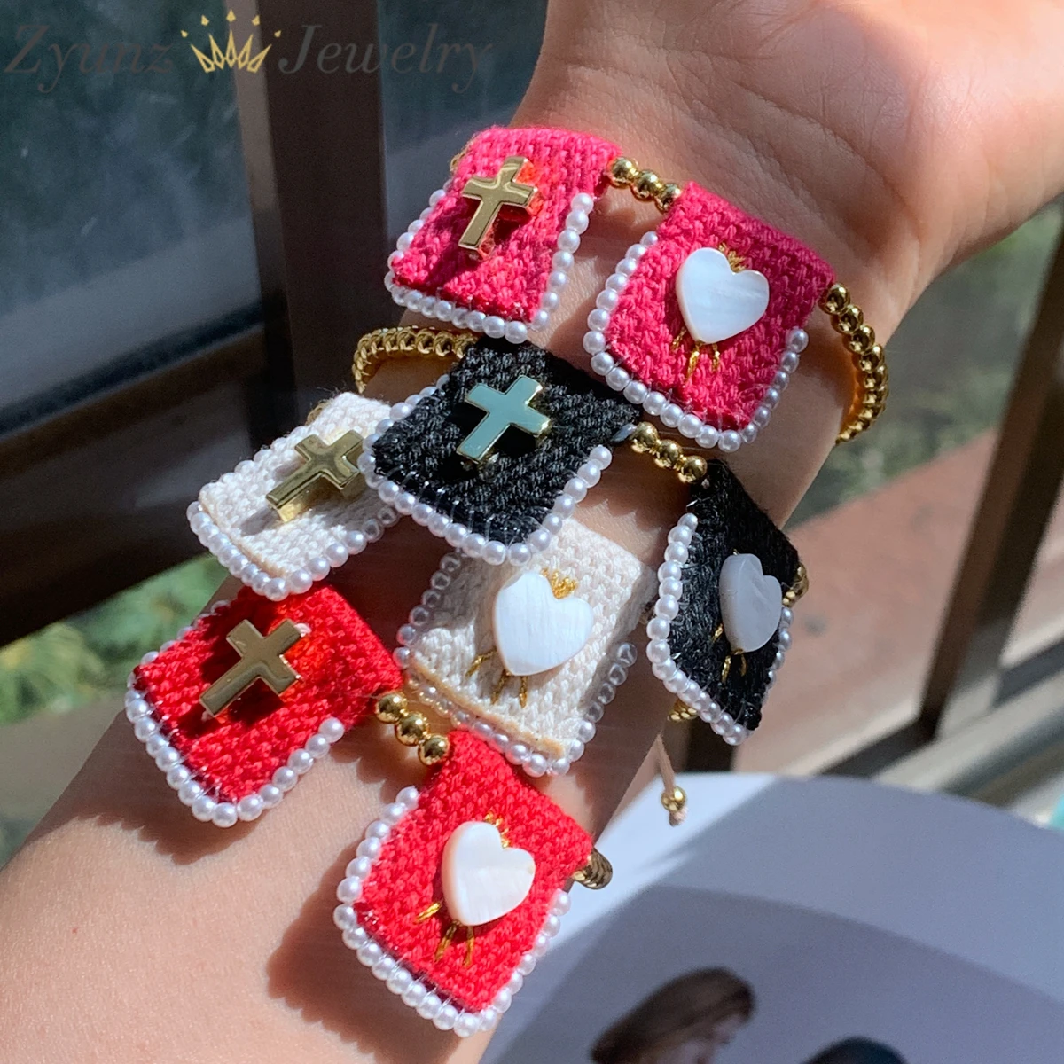 5PCS, Handmade Fashion Colorful Woven Rope Women Heart Cross Charm Bracelets Adjustable Pearl Jewelry Holiday Party Gift