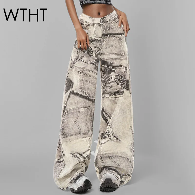 

WTHT Vintage Fashion Women Hole Print Design Straight Jeans 2025 Spring New High Waist Loose Wide Leg Denim Pants Female 1LS982