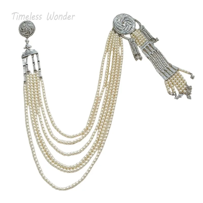 Timeless Wonder Fancy Zircon Glass Pearl Beaded Tassel Brooch Pins for Women Designer Jewelry Runway Rare Luxury Gift Top 3448