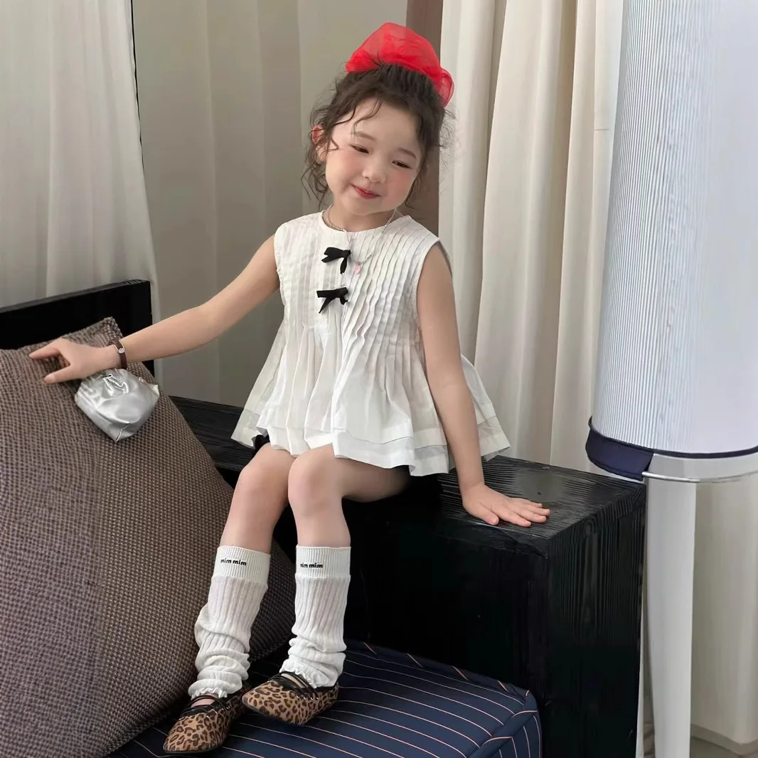 

Girls Suit 2025 Summer New Childrens Clothing Korean Style Girls Baby Princess Bowtie Shirt Flower Bud Shorts Two Sets