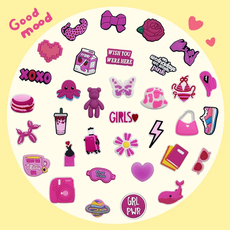 Hot Sales 34Pcs Pink Shoe Charms for Crocs Accessories Pin Shoe Wristband Croc Decorations Buckle Girls Women Party Gifts