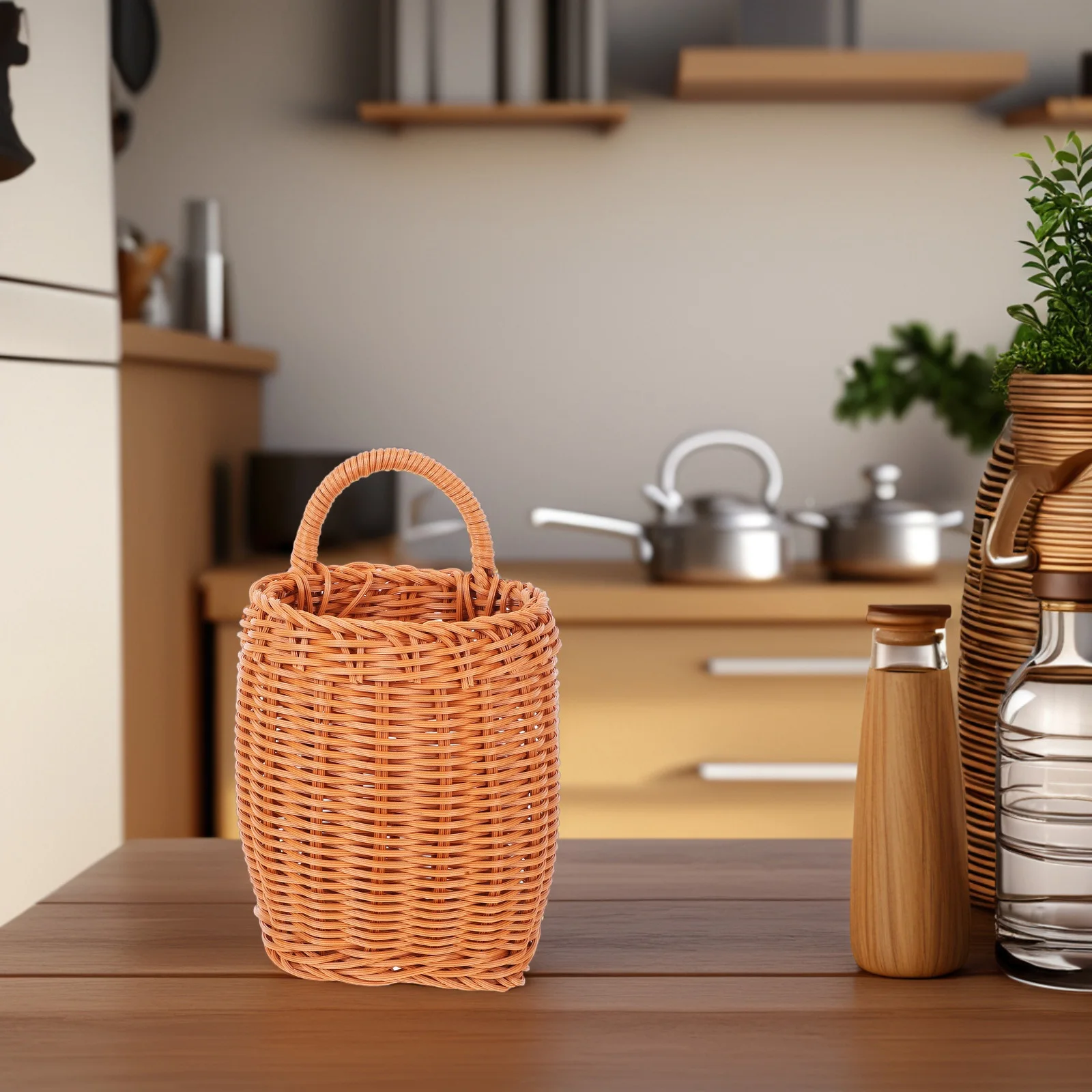 

Hanging Basket Front Door Wall Home Decor Woven Kitchen Organizer Brown Tall B Style PP Material Space Saving Fruit Vegetable