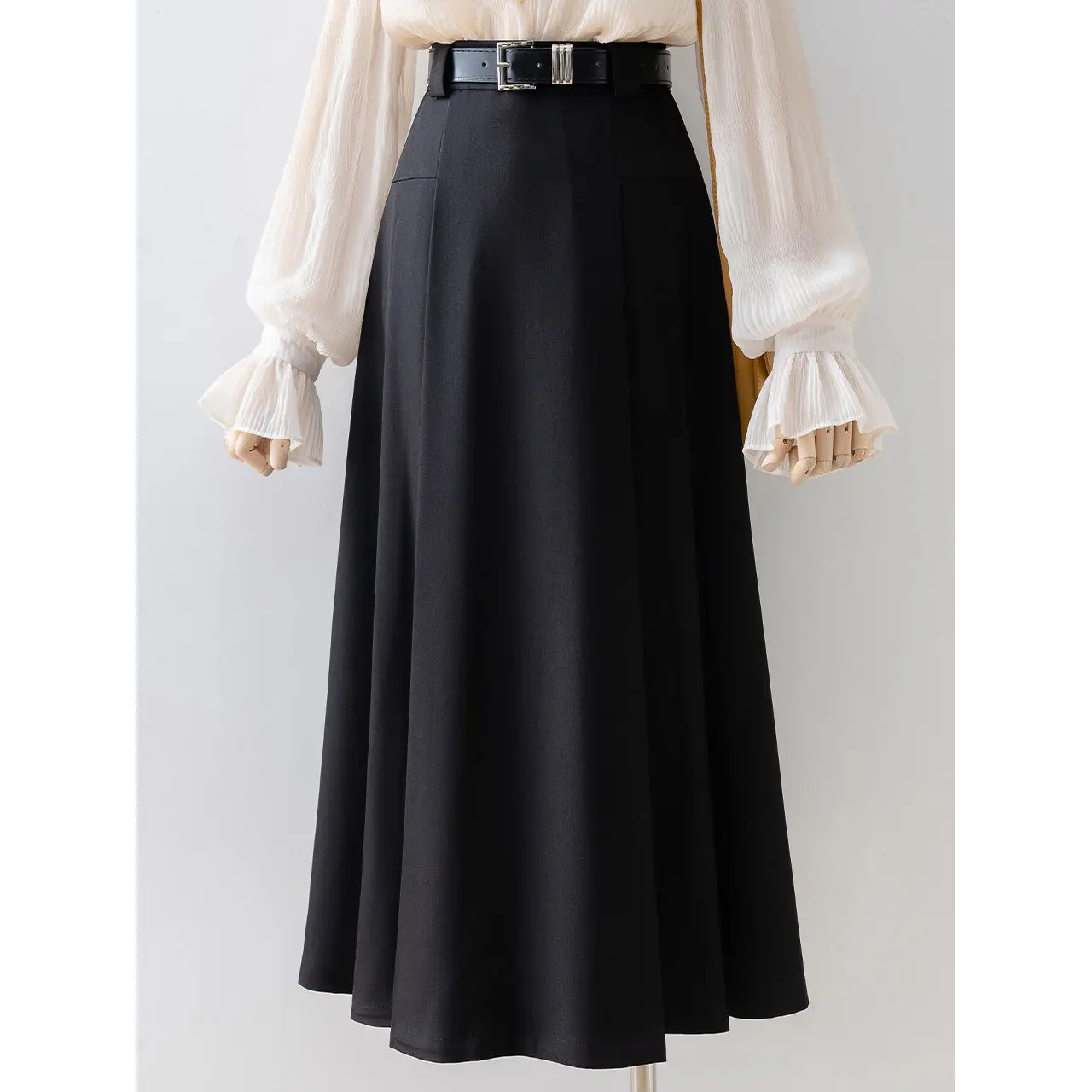 

Suit Skirt 2024 New High-waisted Pleated Skirt Long Elegant Overskirt A-line Korean Chic Solid Spring Summer Jupe Women