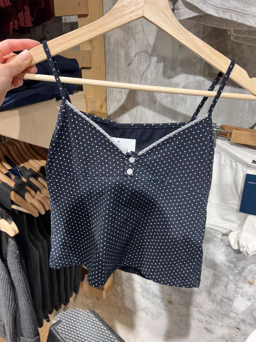 Conjunto de 2 piezas de chaleco y pantalones cortos de algodón azul marino con lunares para mujer, camiseta sin mangas con adornos de encaje y tres botones, pantalón corto recto con cintura elástica, conjuntos dulces