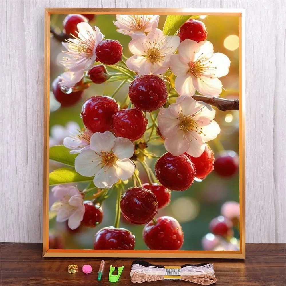 

Cherry Pattern Embroidery Kit Flowers Tree Printed Canvas Cross Stitch With Needle Cotton Thread Crafts For Girl DIY Gift Decor