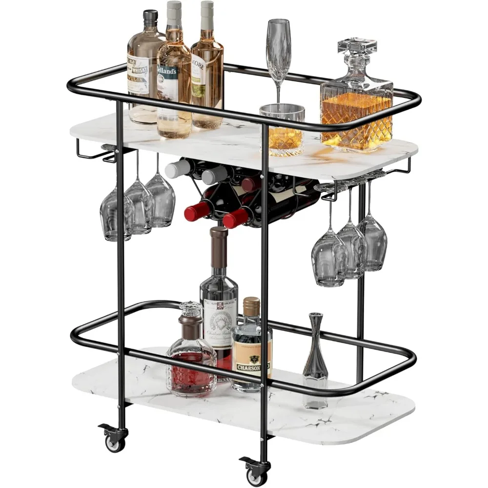 

Black Home Bar Cart on Wheels, Mobile Serving Wine Cart with Glass Holder and Wine Rack, Modern Rolling Drink Trolley for