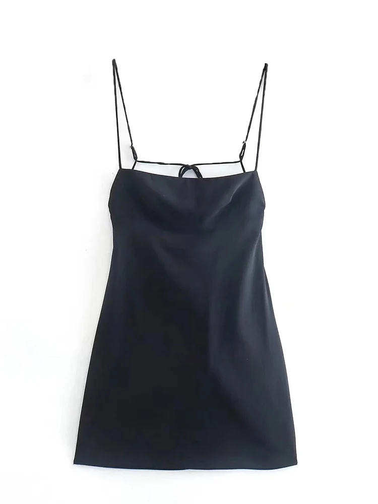 XEASY 2022 Women Summer Fashion Black Sling Dress Sexy Sleeveless Backless Thin Strap Female Mini Dress