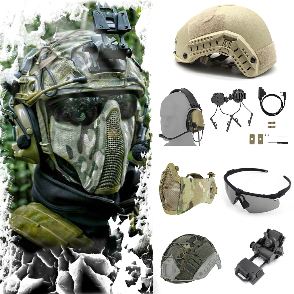 Airsoft Tactical Helmet Steel-Mesh Mask Set with tactical headset and L4G24 and Goggles for Airsoft Paintball Shooting