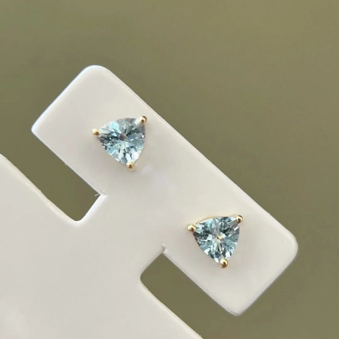 9K triangle aquamarine stud earrings INS minimalist wind deep triangle aquamarine main stone