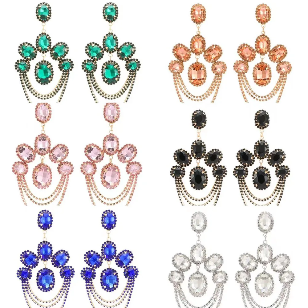 

Bohemia 6 Colors Rhinestone Tassel Oval Stone Pendant Drop Earrings Jewelry for Women Crystal Geometric Big Dangle Earrings Gift