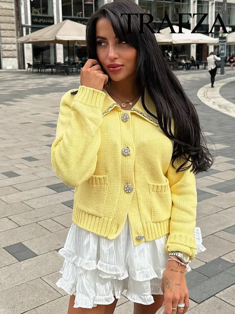 

TRAFZA Women Knitted Tops Yellow Turn-Down Collar Long Sleeves Rhinestones Single Breasted Female Summer Casual Cardigan TRAF