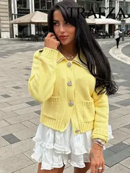 TRAFZA Women Knitted Tops Yellow Turn-Down Collar Long Sleeves Rhinestones Single Breasted Female Summer Casual Cardigan TRAF