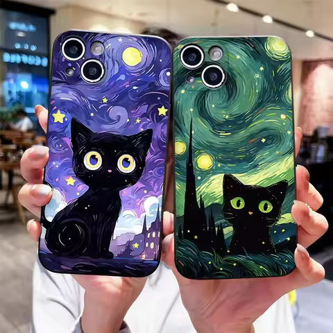 Artistic Black Cat Starry Night Phone Case for OPPO Reno 13 11F 10 12 F 11 PRO A58 A79 5G Realme C67 C55 Find X5 X3 Lite Covers