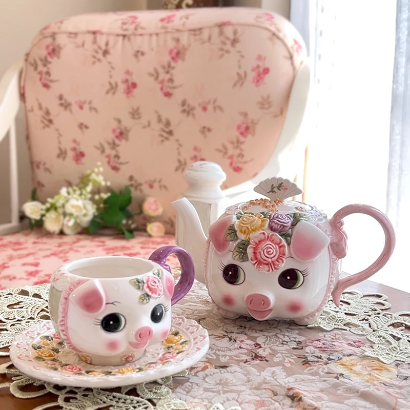Cute Pig Porcelain Tea Set Romantic Afternoon Tea Gift for Women Valentine's Day Bridal Shower Present with Teapot Cups Saucers