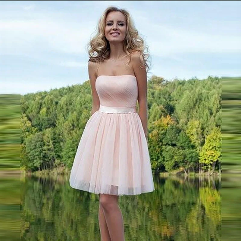 

Pink Strapless Pleat Tulle Mini Cocktail Dresses Elegant Sashes Prom Party Pageant Formal Homecoming Evening Ball Gowns 2023