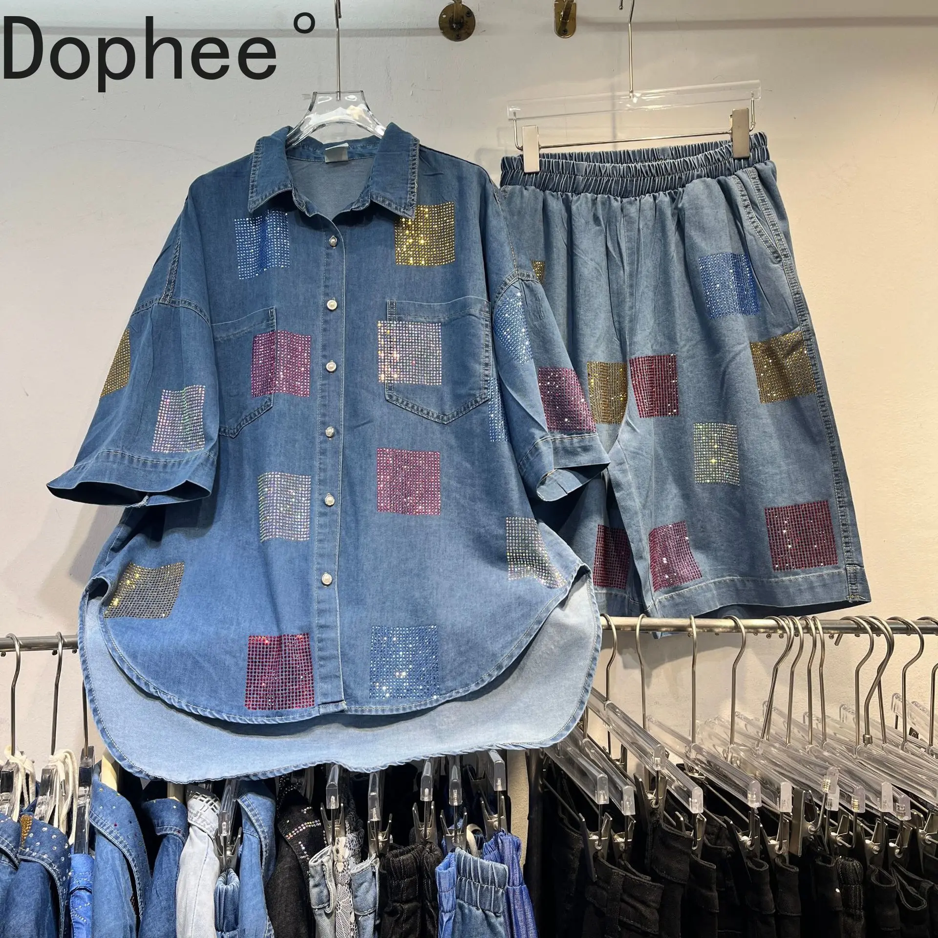 

Fashion Spring Summer Women Two-piece Set Colored Plaid Diamonds Irregular Denim Cardigans Coat + Elastic Waist Straight Shorts