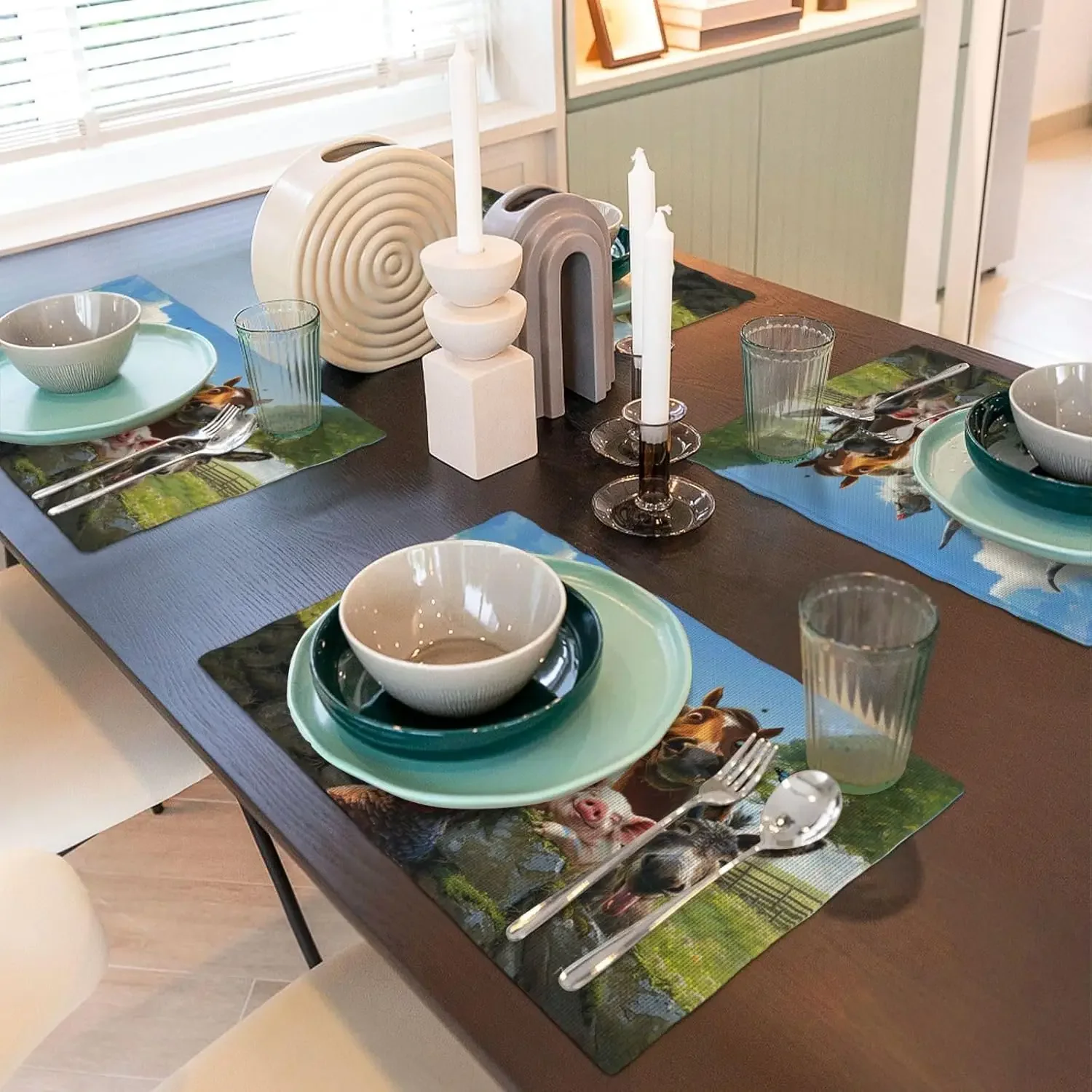 4PC Farmhouse Placemats Funny Animals Imitation Linen Placemat Rustic Country Heat Resistant Dining Place Mats