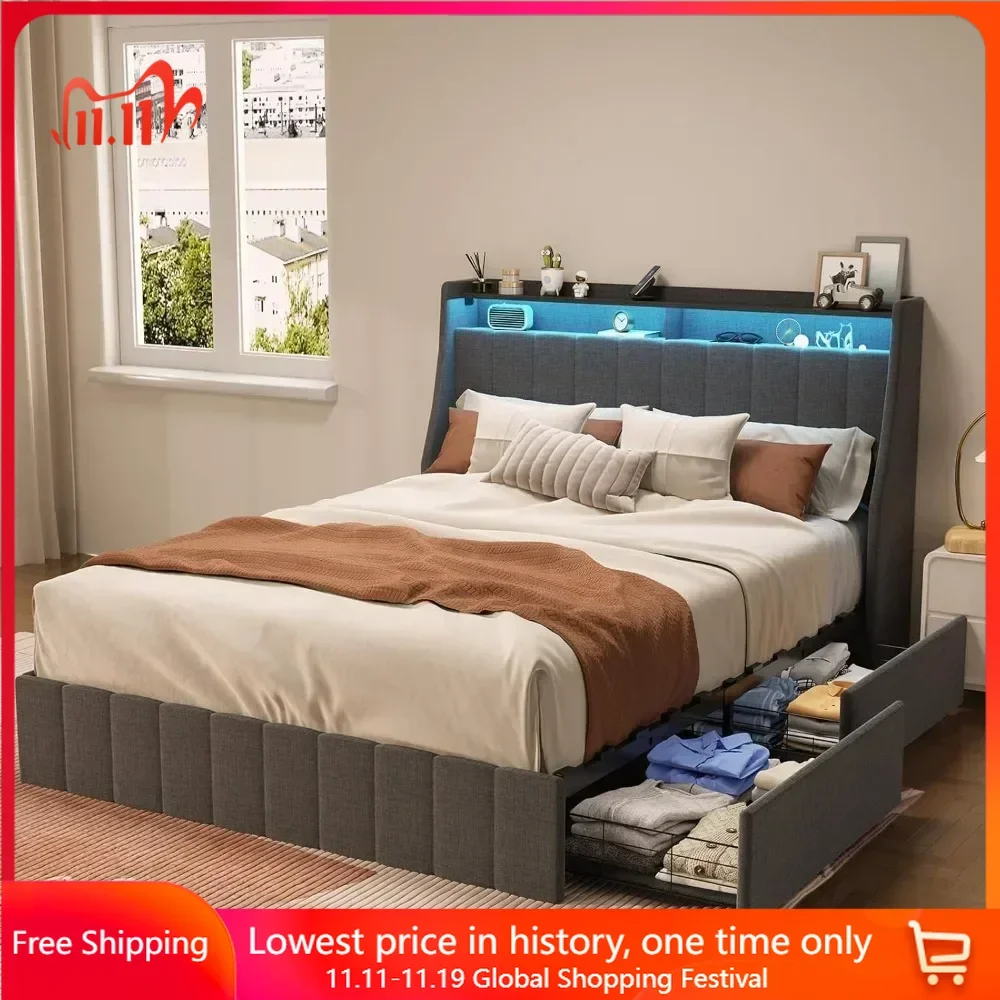 

Queen Bed Frame with LED Lights & 4 Storage Drawers, Mattress Foundation, No Box Spring Needed，Wooden Slats Support，Bed Frame