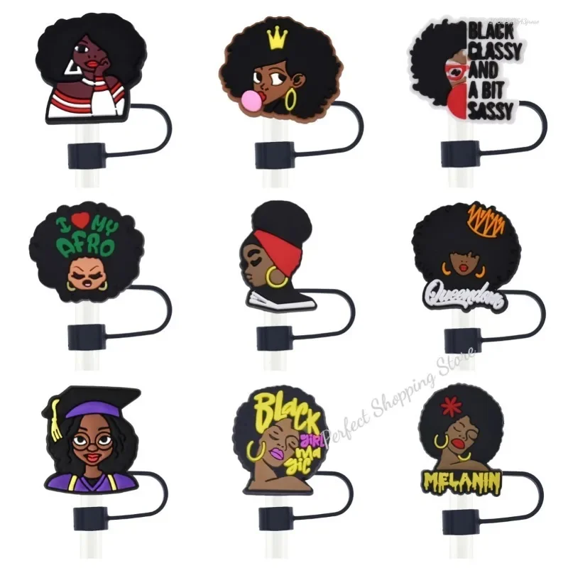 Black Girl Straw Cover Cap 10MM Drink Straw Plug Reusable Splash Proof Drinking Fit Cup Straw Cap Charms Pendant Cup Accessories