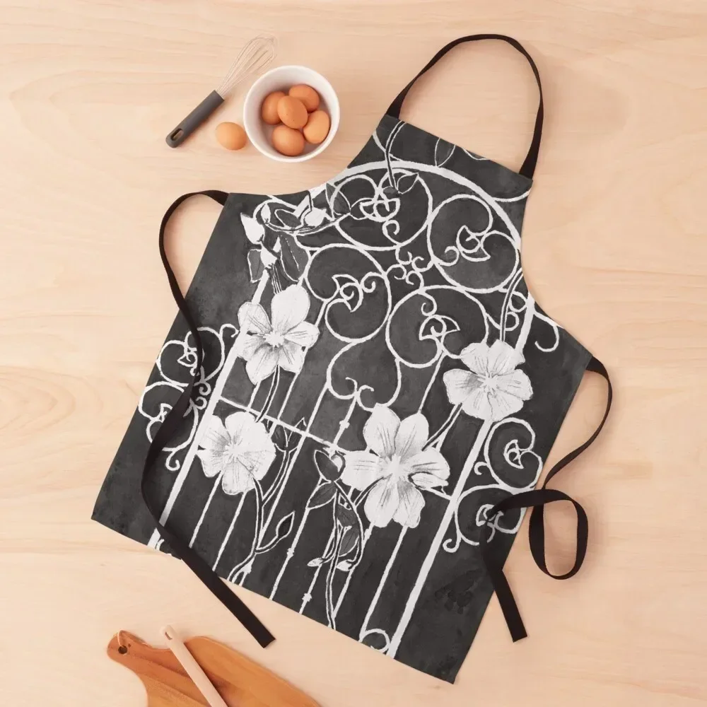 

Clematis Flower and Vine on Wrought Iron Trellis, Black and White Apron Kitchen Apras Man Household Items Kitchenware Apron