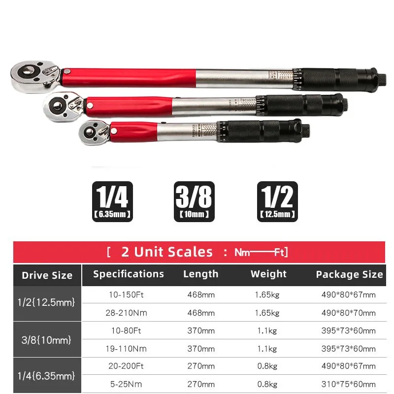 5-210N.m Torque Wrench 1/2 3/8 1/4 Precise Reversible Ratchet Torques Key Professional Bicycle Motorcycle Car Automotive Tool